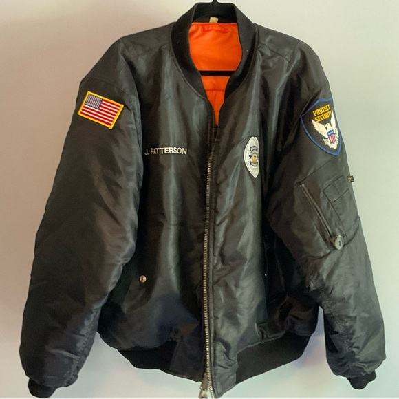 None Other - Black Varsity Bomber Security Jacket Men’s XXL with American Flag, Eagle Patches